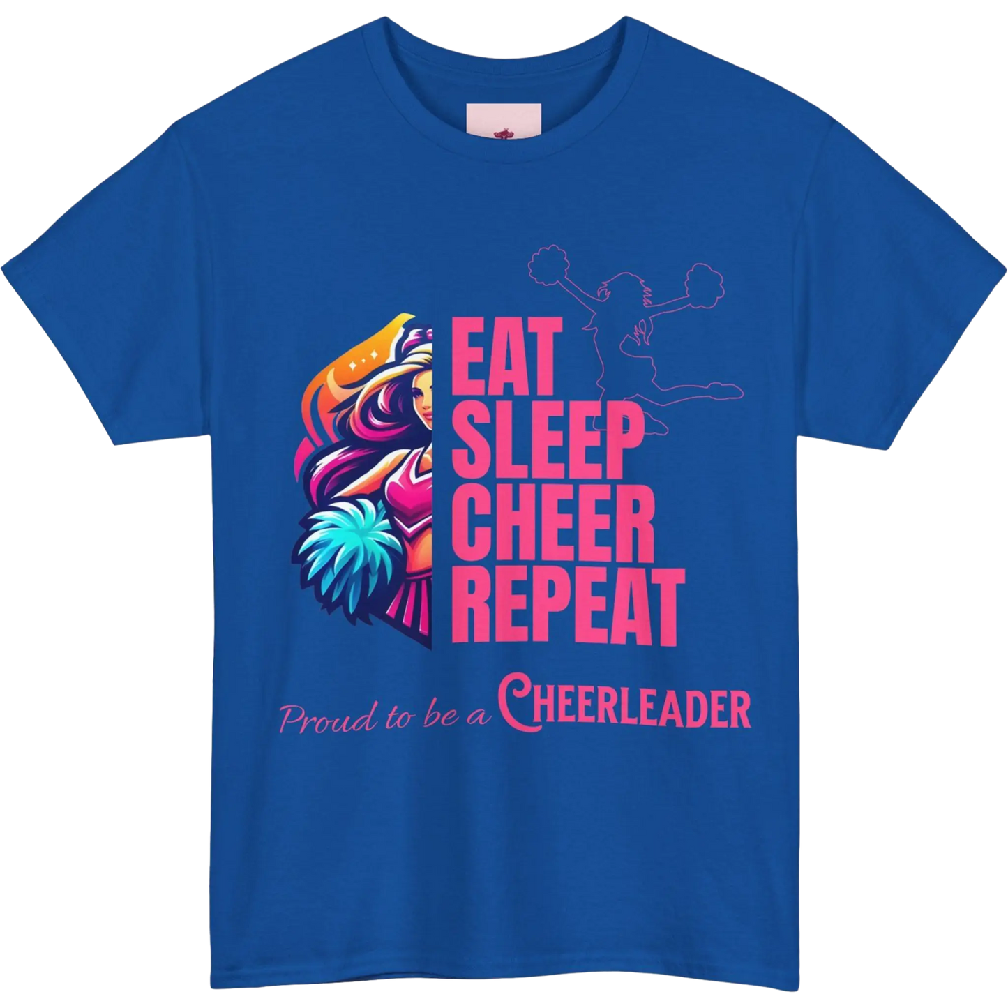 Blue t-shirt with colorful graphic and text 'Eat Sleep Cheer Repeat Proud to be a Cheerleader' on a white background