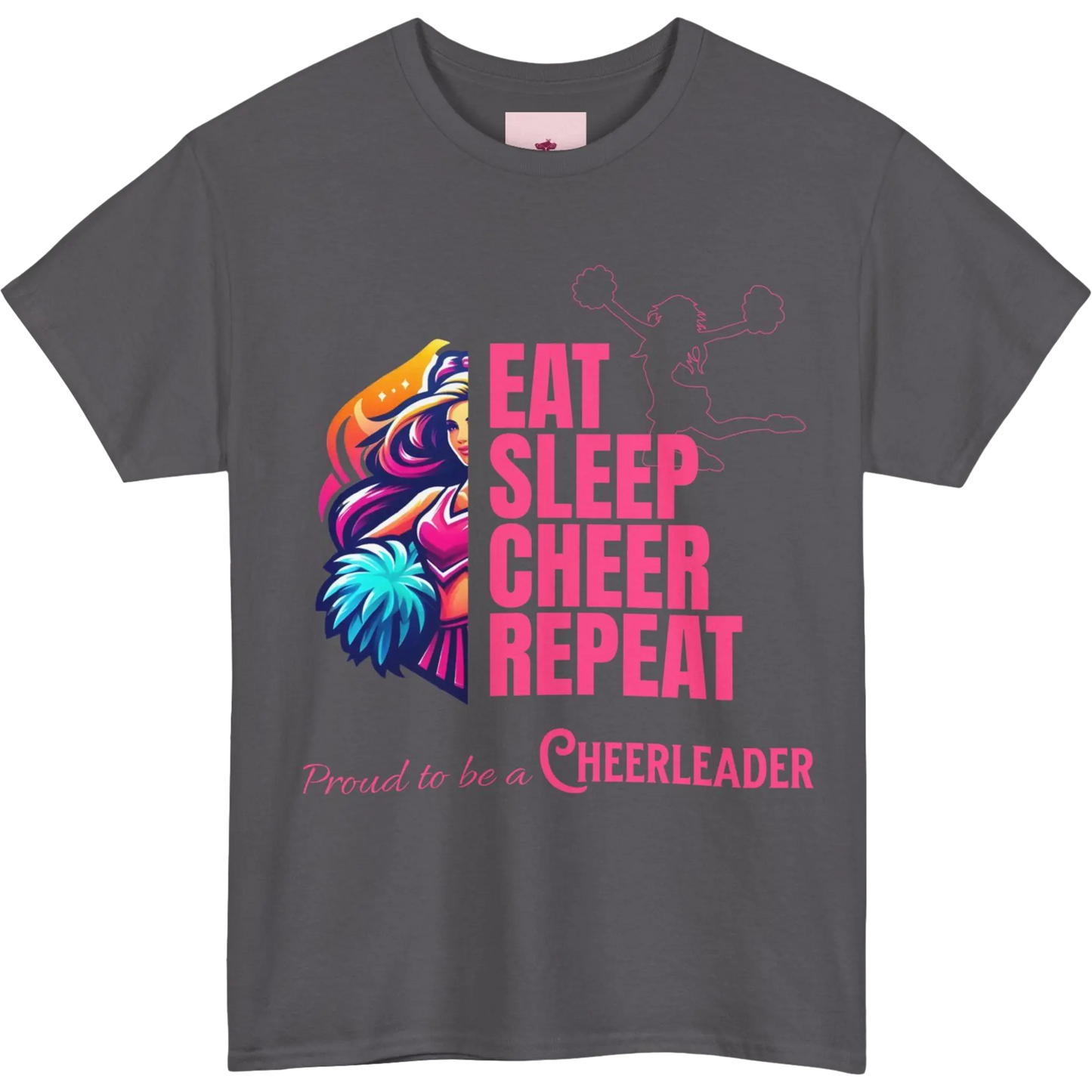 Gray t-shirt with colorful graphic and text 'Eat Sleep Cheer Repeat Proud to be a Cheerleader' on a white background