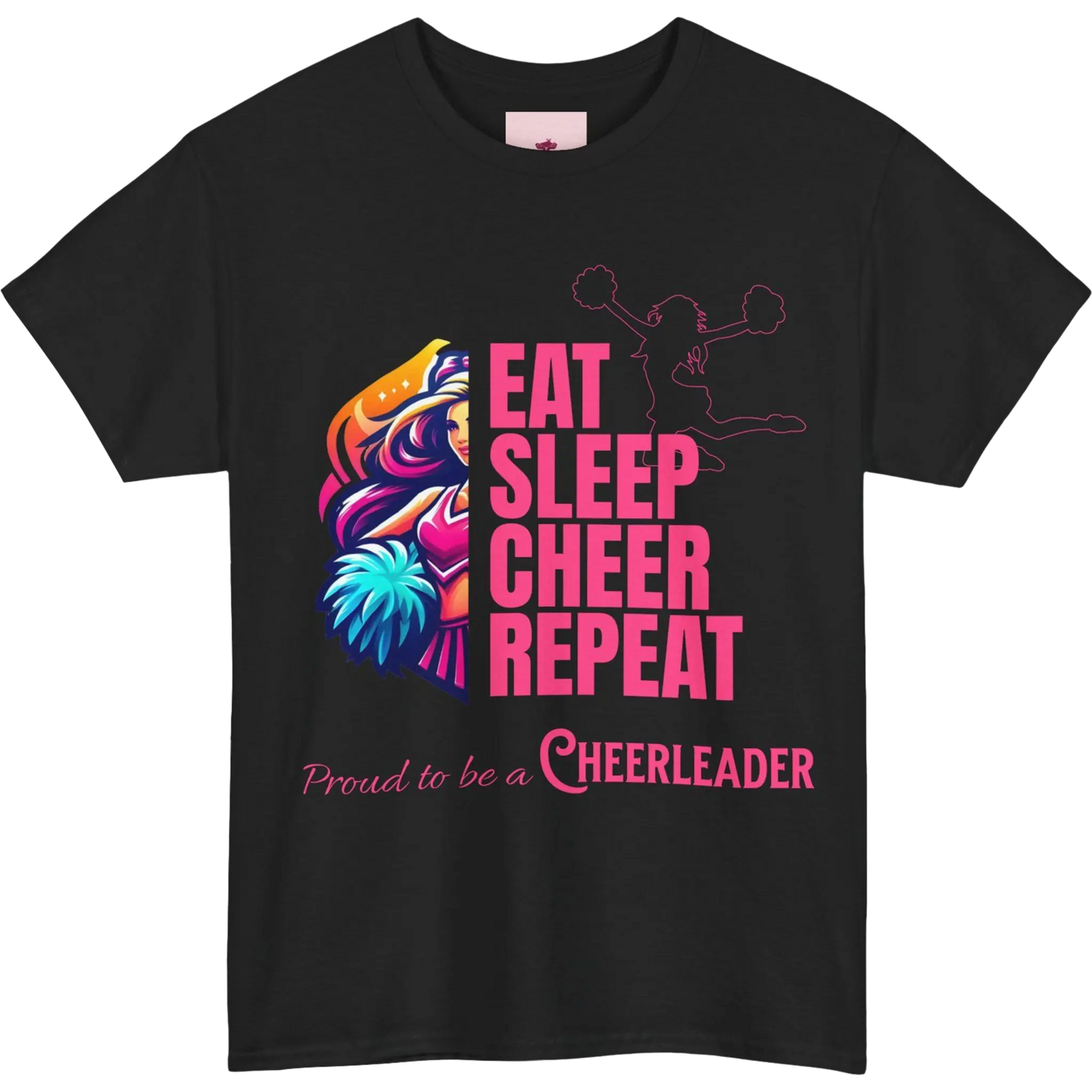 Black t-shirt with colorful graphic and text 'Eat Sleep Cheer Repeat Proud to be a Cheerleader' on a white background