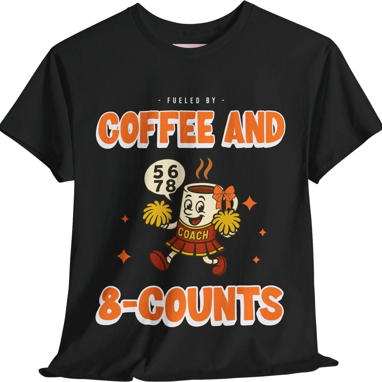 Black cheerleading t-shirt with a cartoon cheerleader coffee cup character and text on a white background