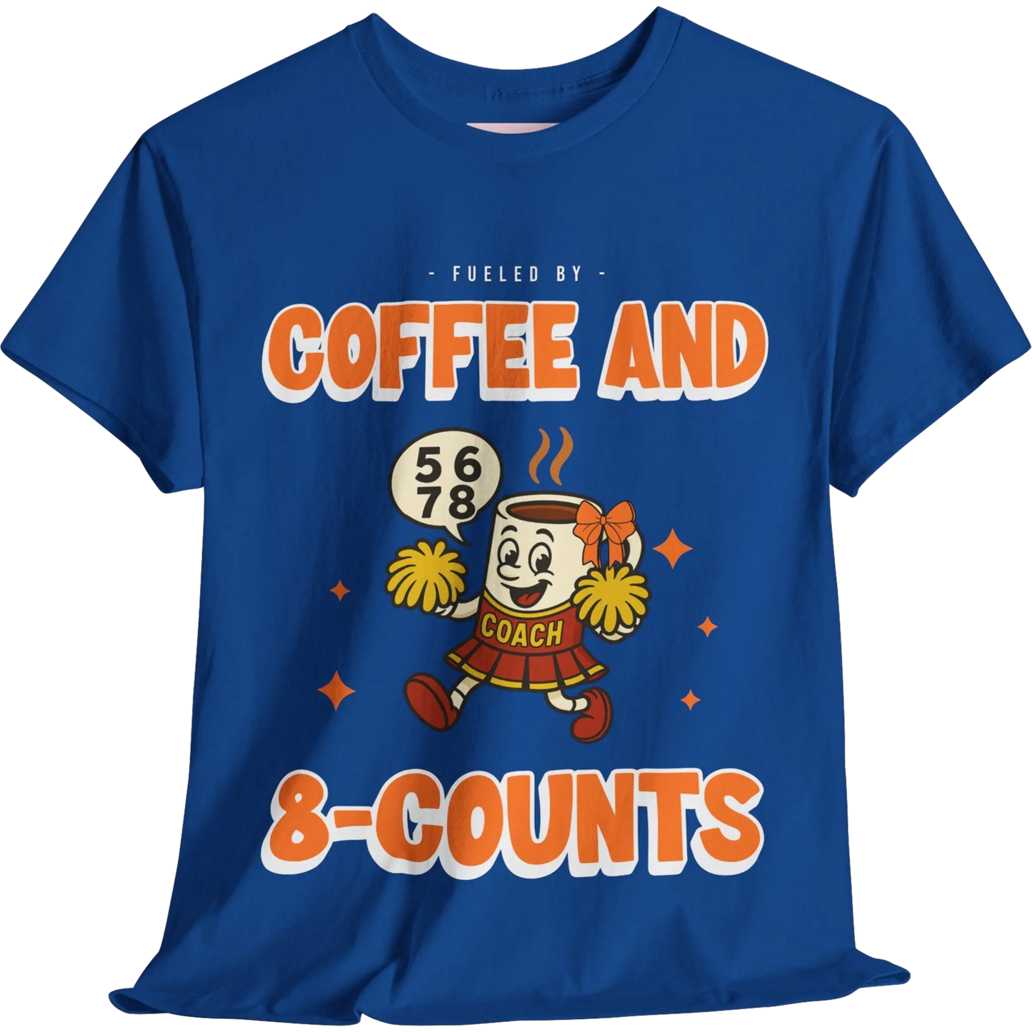 Blue cheerleading t-shirt with a cartoon cheerleader coffee cup character and text on a white background