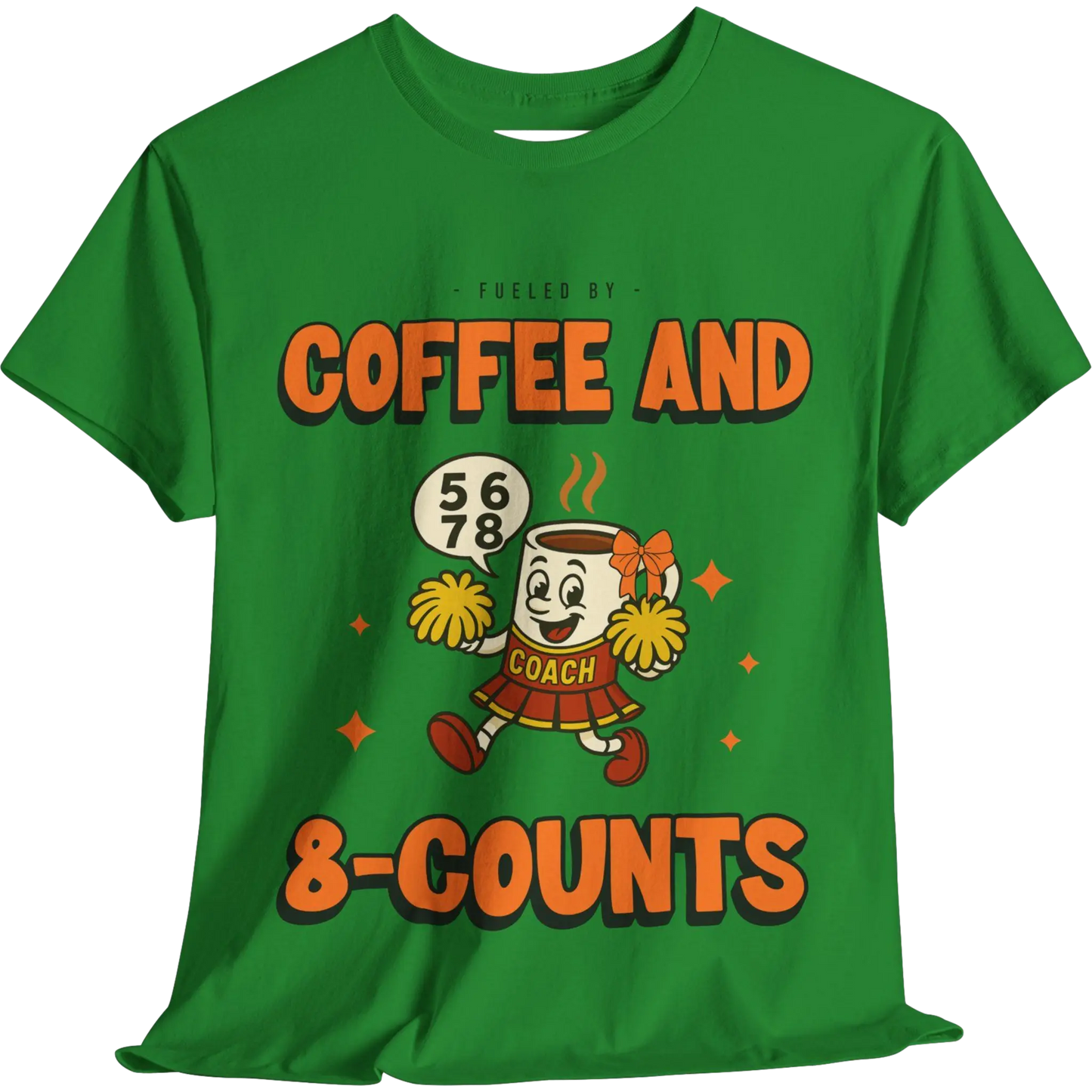 Green cheerleading t-shirt with a cartoon cheerleader coffee cup character and text on a white background