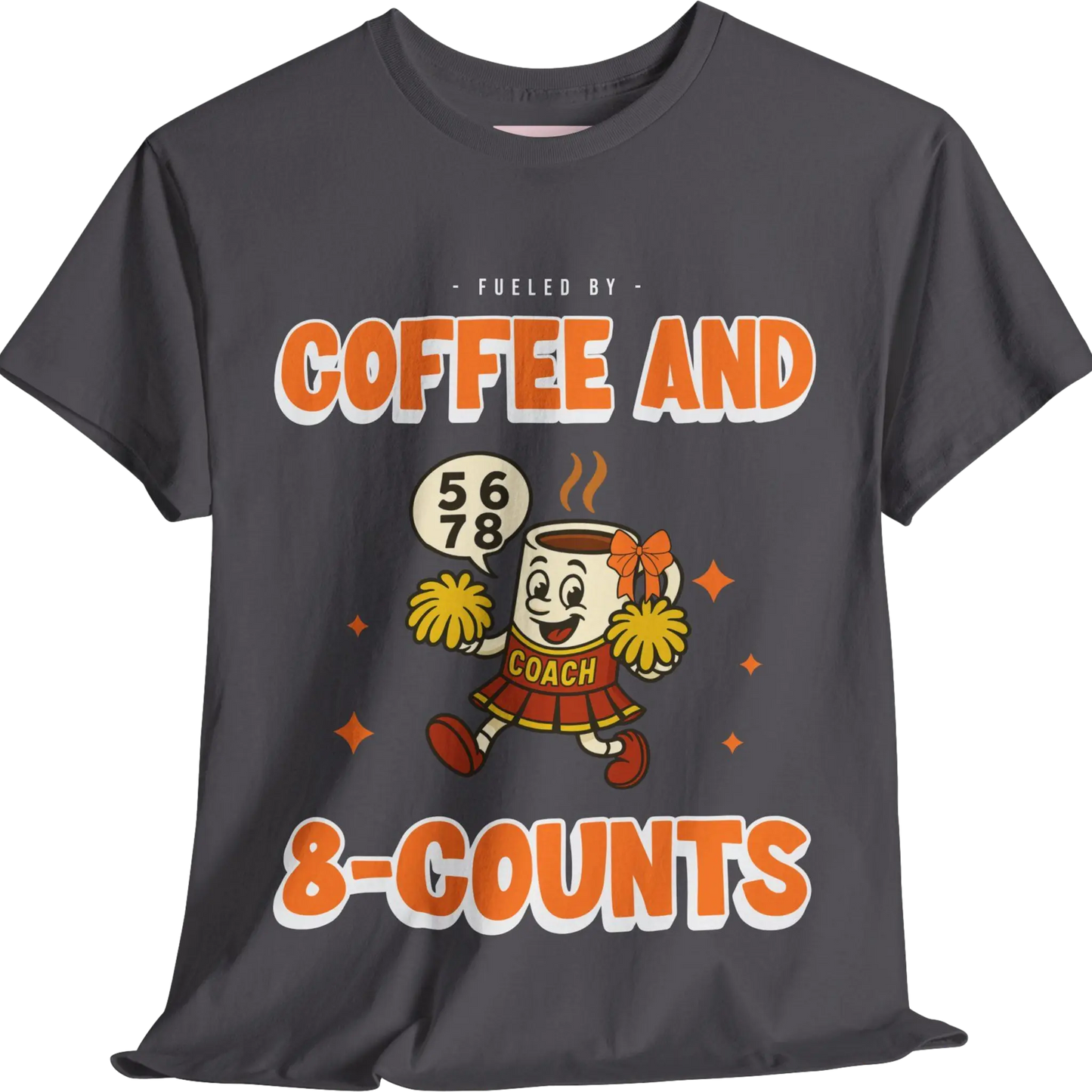 Grey cheerleading t-shirt with a cartoon cheerleader coffee cup character and text on a white background