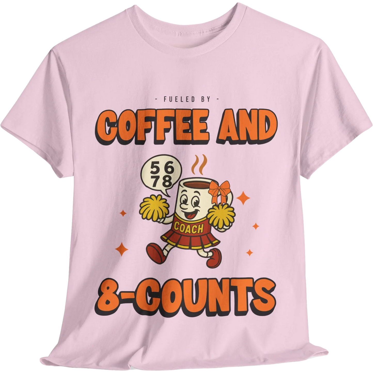 Pink cheerleading t-shirt with a cartoon cheerleader coffee cup character and text on a white background