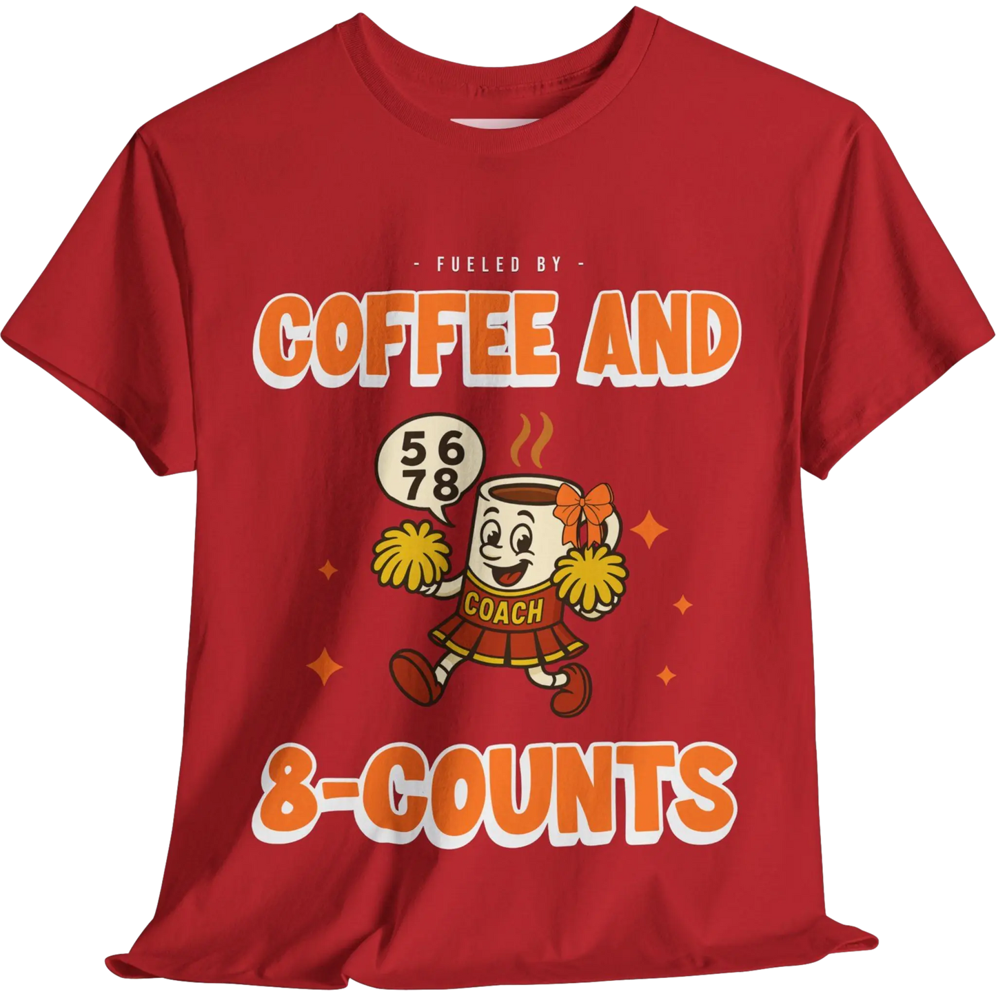 Red cheerleading t-shirt with a cartoon cheerleader coffee cup character and text on a white background