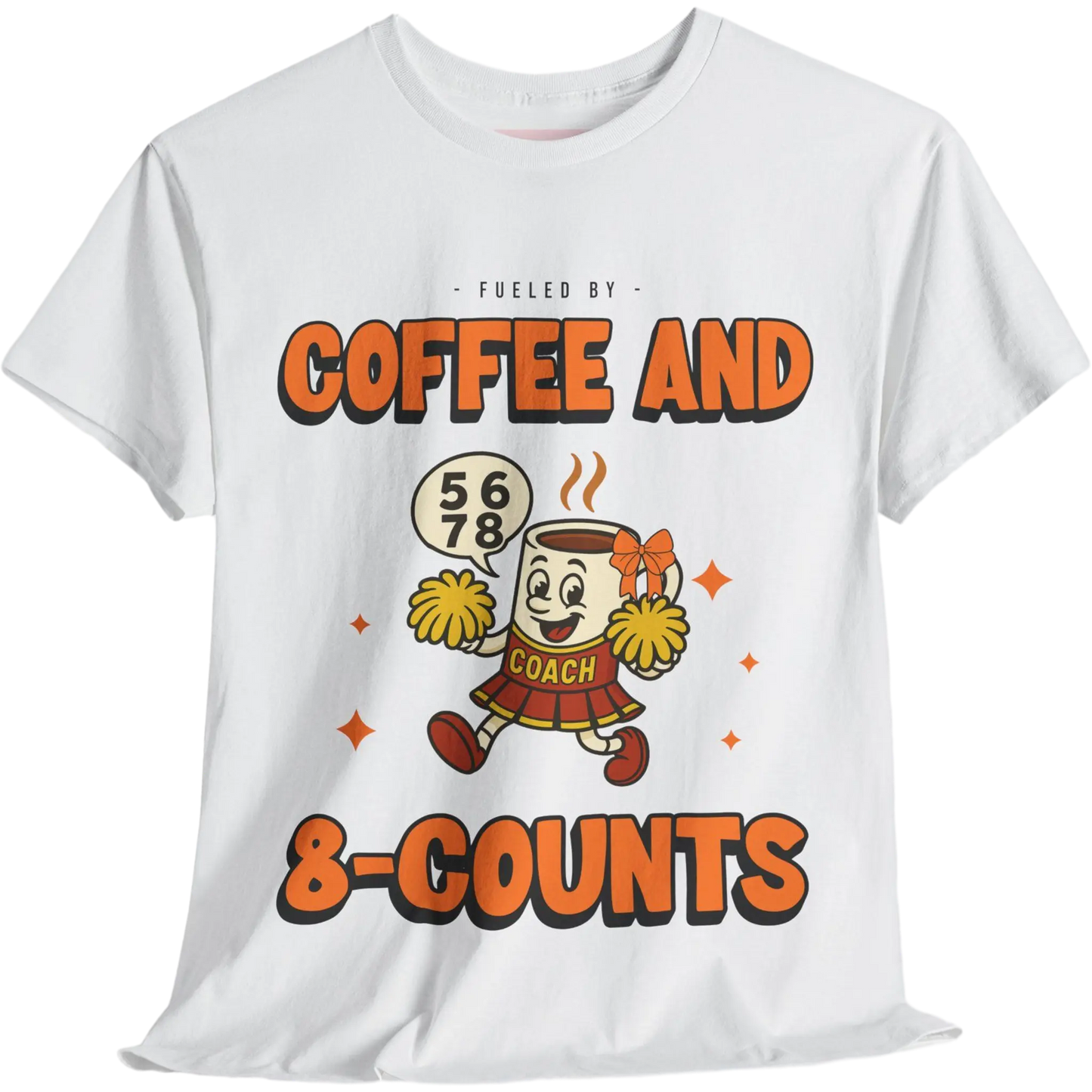 White cheerleading t-shirt with a cartoon cheerleader coffee cup character and text on a white background