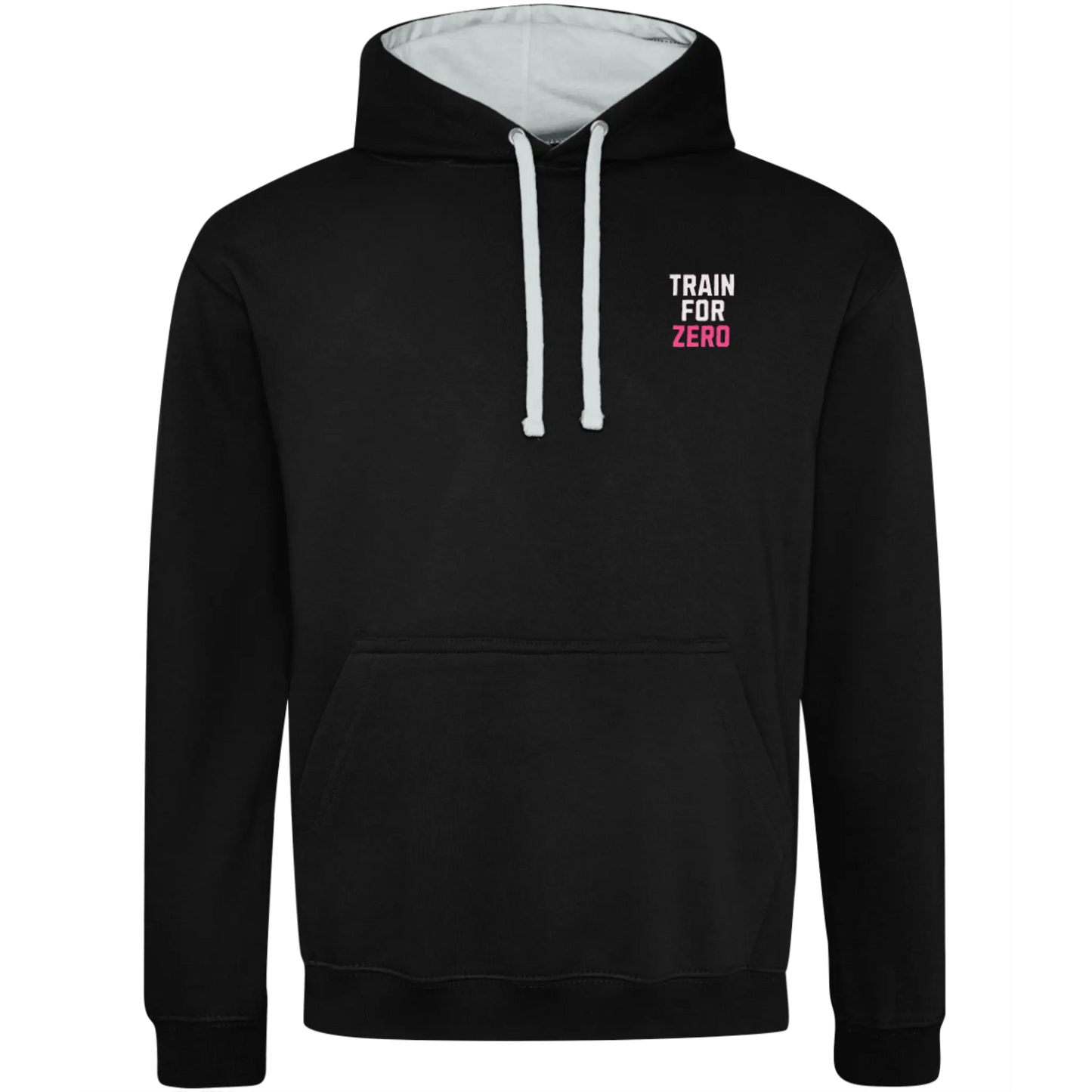 Black Cheerleading Varsity Hoodie with grey hood lining and train for zero text on front