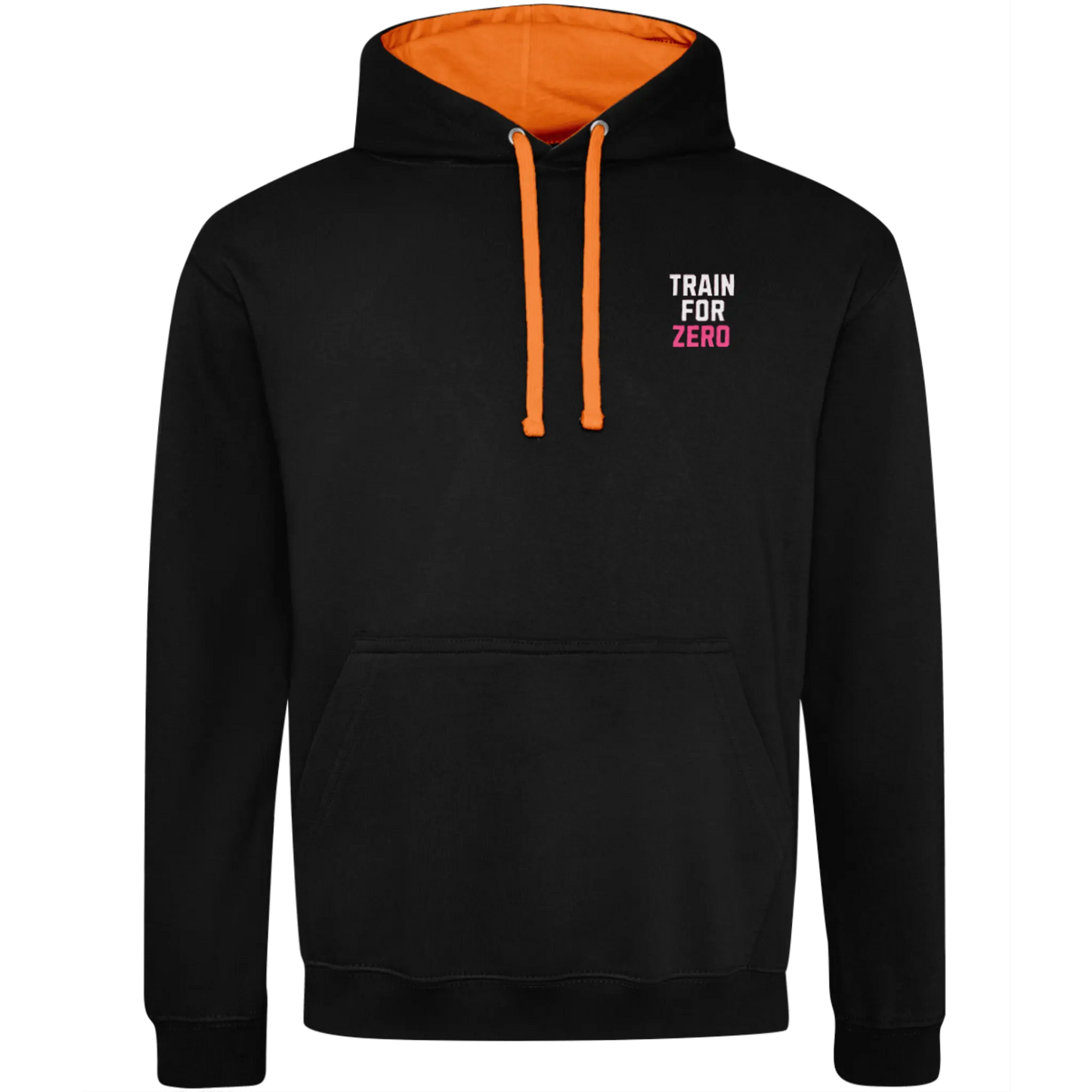 Black Cheerleading Varsity Hoodie with orange hood lining and train for zero text on front