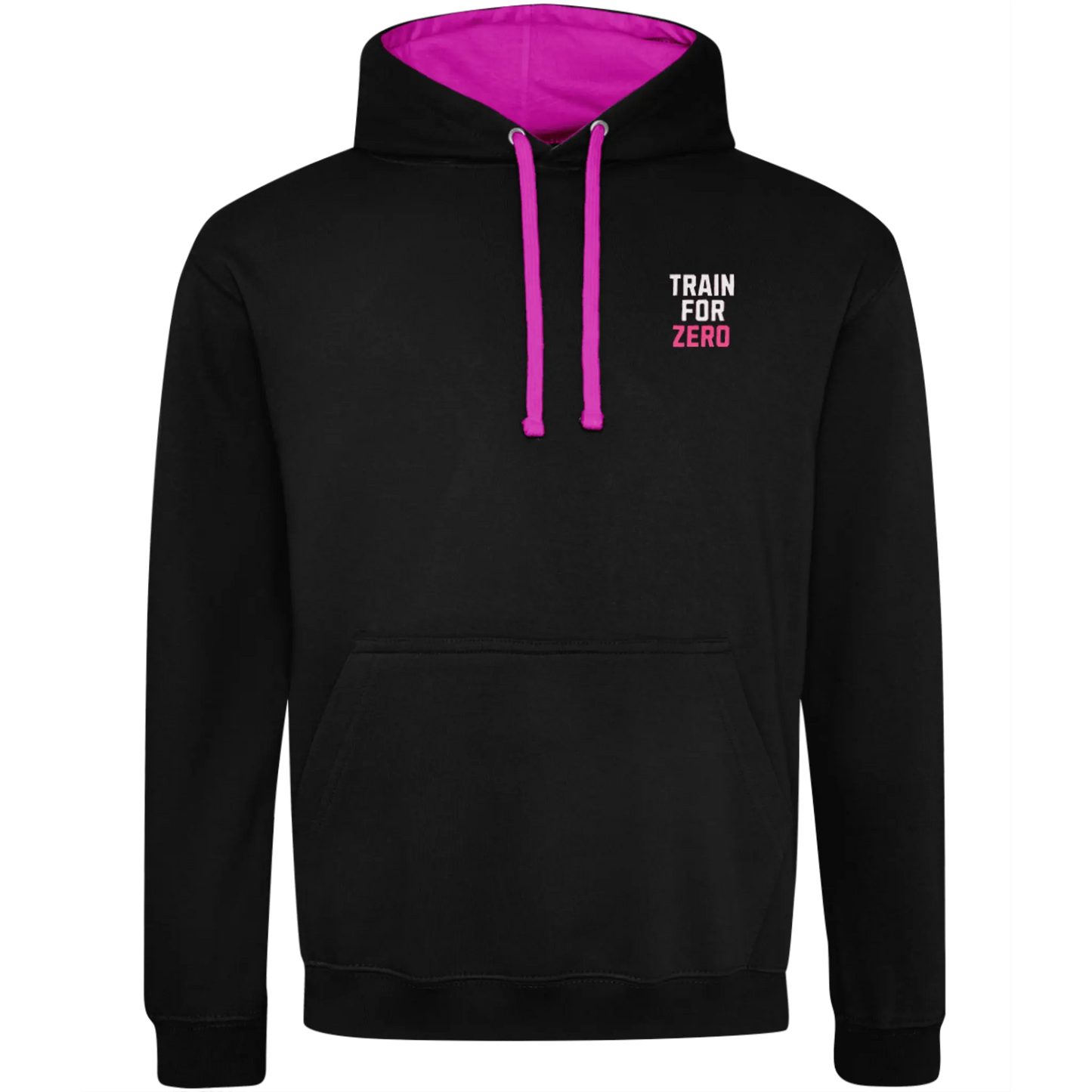 Black Cheerleading Varsity Hoodie with pink hood lining and train for zero text on front