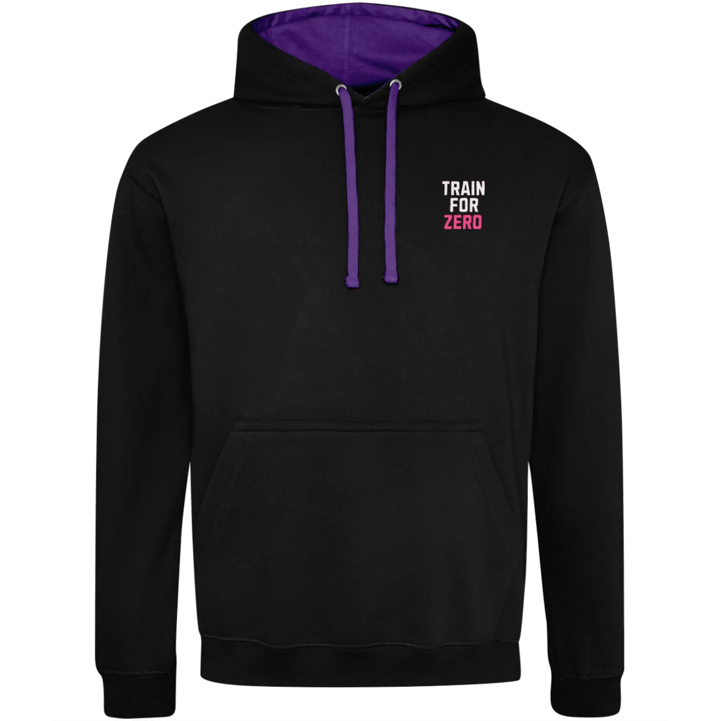 Black Cheerleading Varsity Hoodie with purple hood lining and train for zero text on front