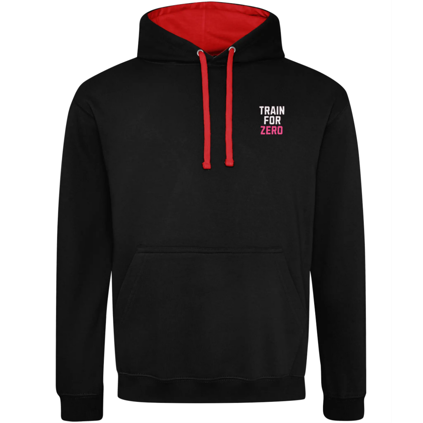 Black Cheerleading Varsity Hoodie with red hood lining and train for zero text on front