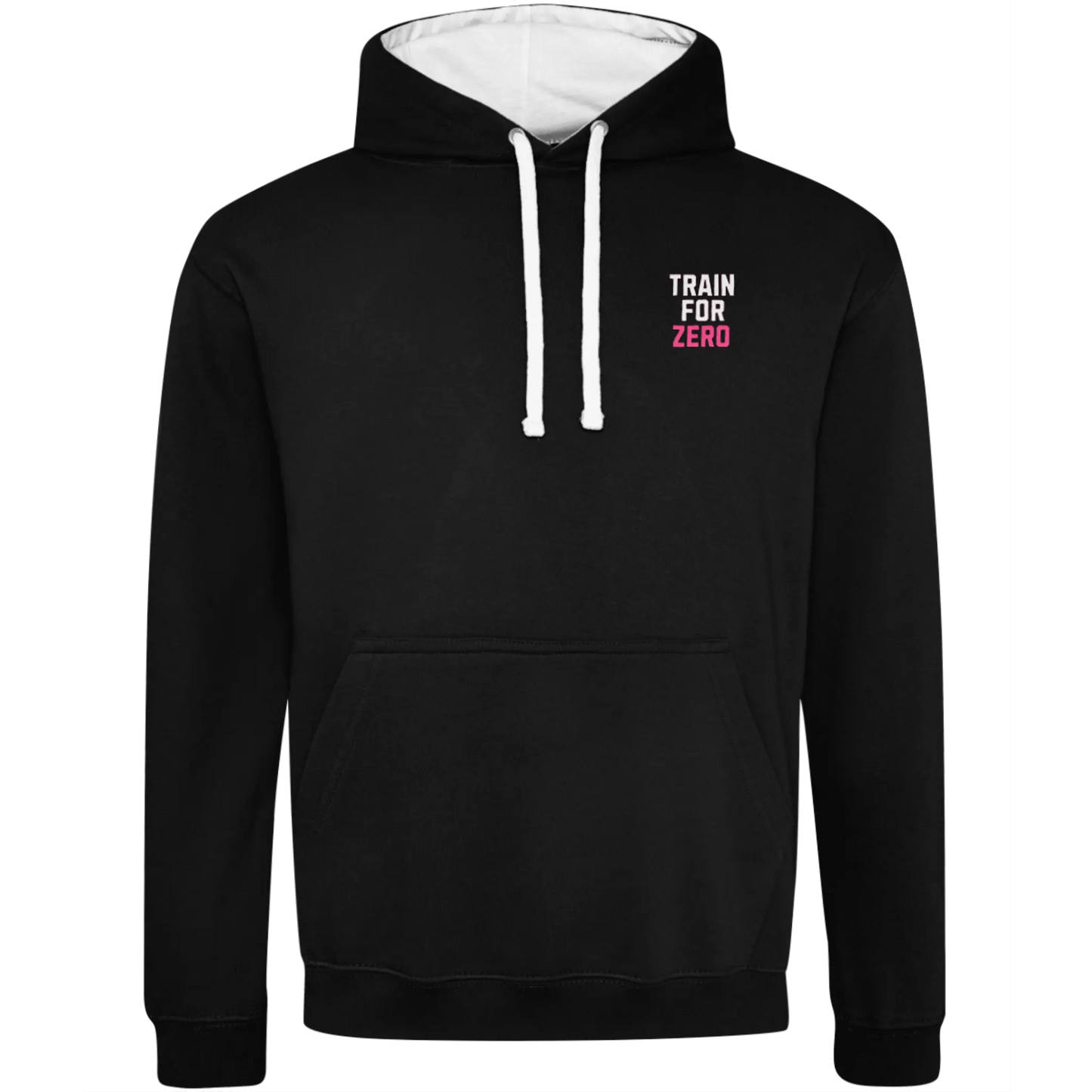 Black Cheerleading Varsity Hoodie with white hood lining and train for zero text on front