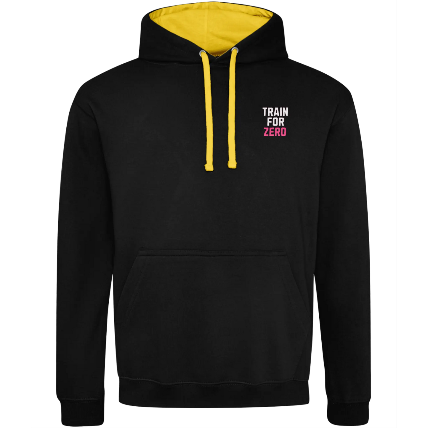 Black Cheerleading Varsity Hoodie with yellow hood lining and train for zero text on front