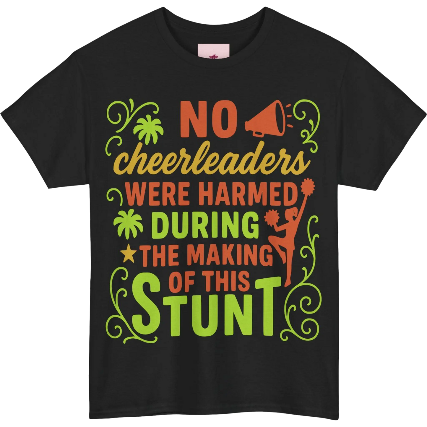 Black t-shirt with colourful cheerleading themed text and graphics on a white background