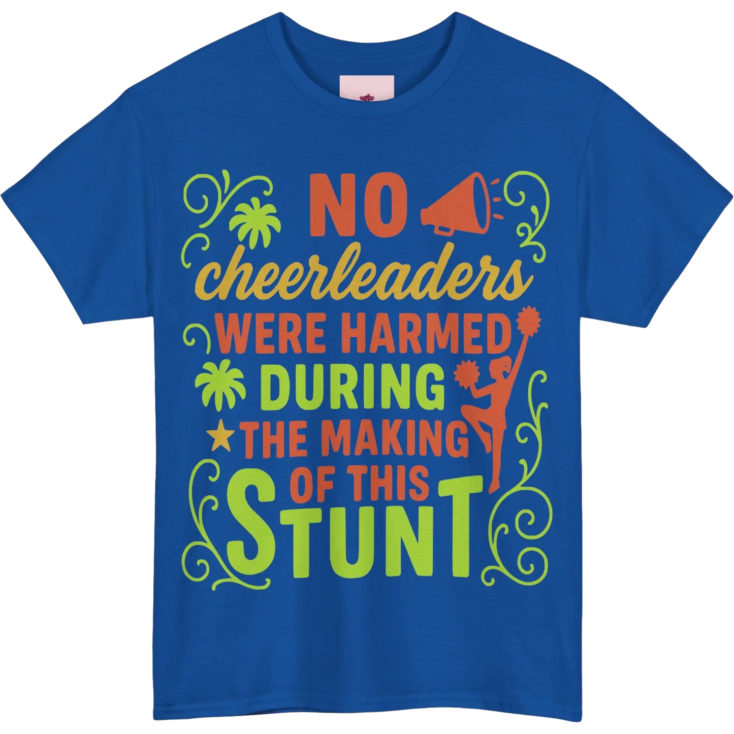 Blue t-shirt with colourful cheerleading themed text and graphics on a white background