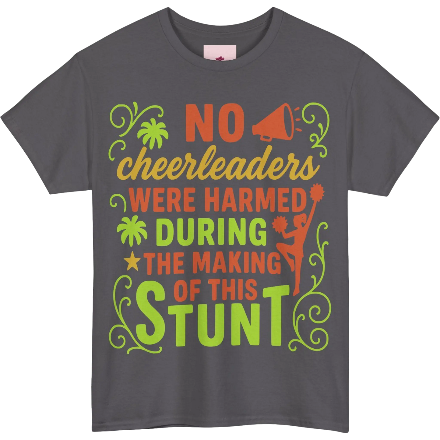 Grey t-shirt with colourful cheerleading themed text and graphics on a white background