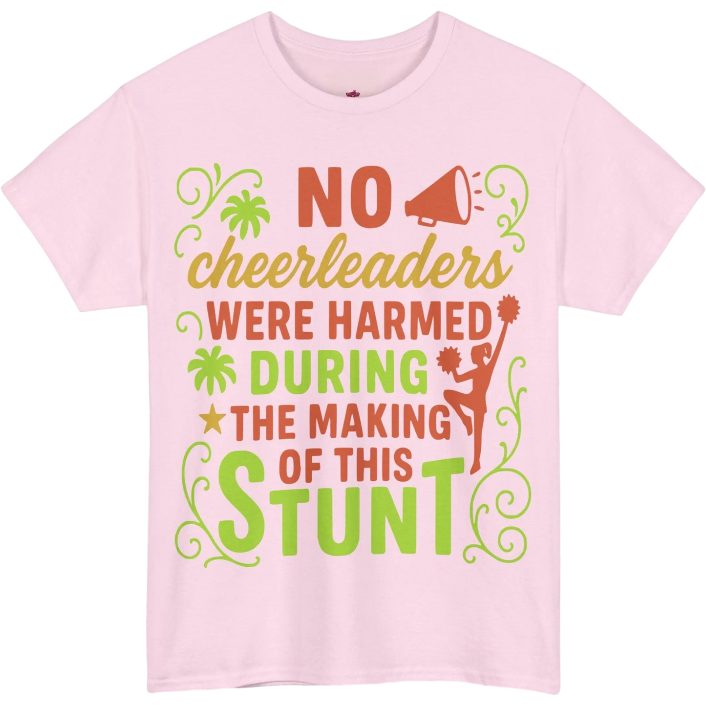 Pink t-shirt with colourful cheerleading themed text and graphics on a white background