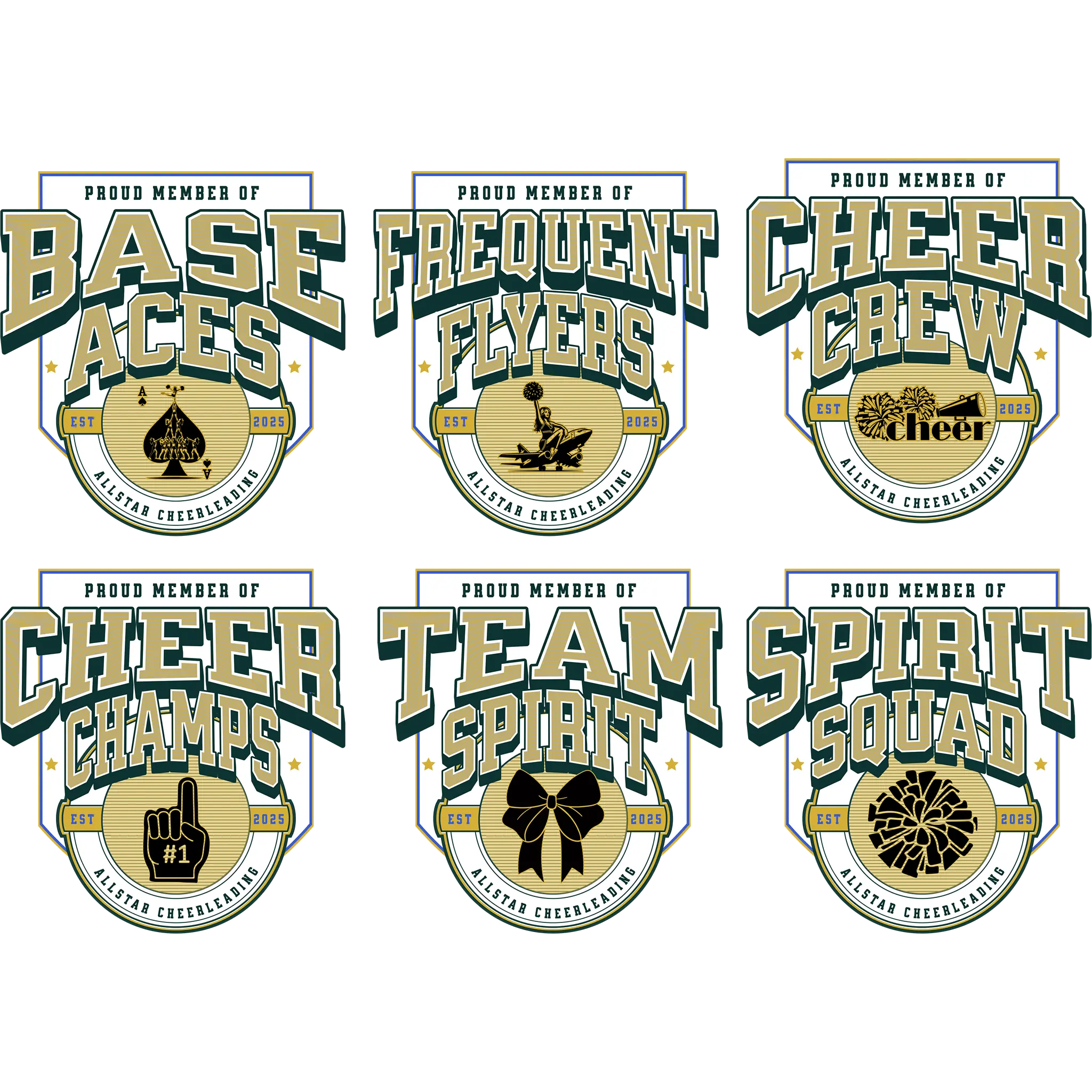 Set of six cheerleading-themed badges with text and graphics on a white background