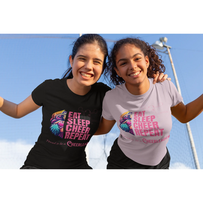 Cheerleader wearing black t-shirt and another cheerleader in a light pink t-shirt both with 'Eat Sleep Cheer Repeat' cheerleading design