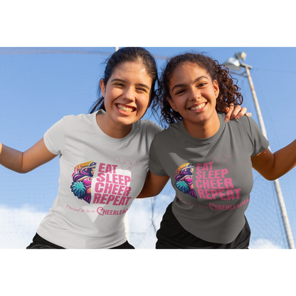 Cheerleader wearing grey t-shirt and another cheerleader in a white t-shirt both with 'Eat Sleep Cheer Repeat' cheerleading design
