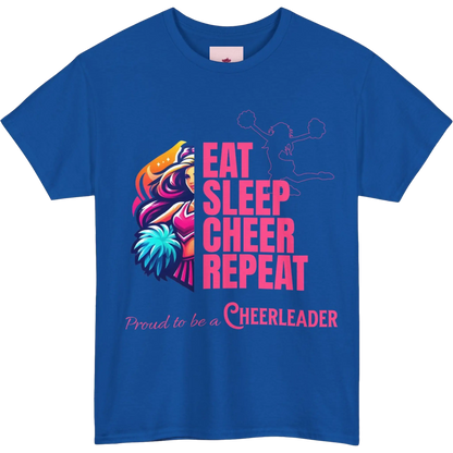 Blue t-shirt with colorful graphic and text 'Eat Sleep Cheer Repeat Proud to be a Cheerleader' on a white background
