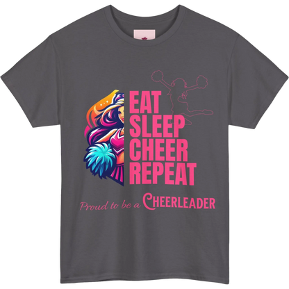Gray t-shirt with colorful graphic and text 'Eat Sleep Cheer Repeat Proud to be a Cheerleader' on a white background