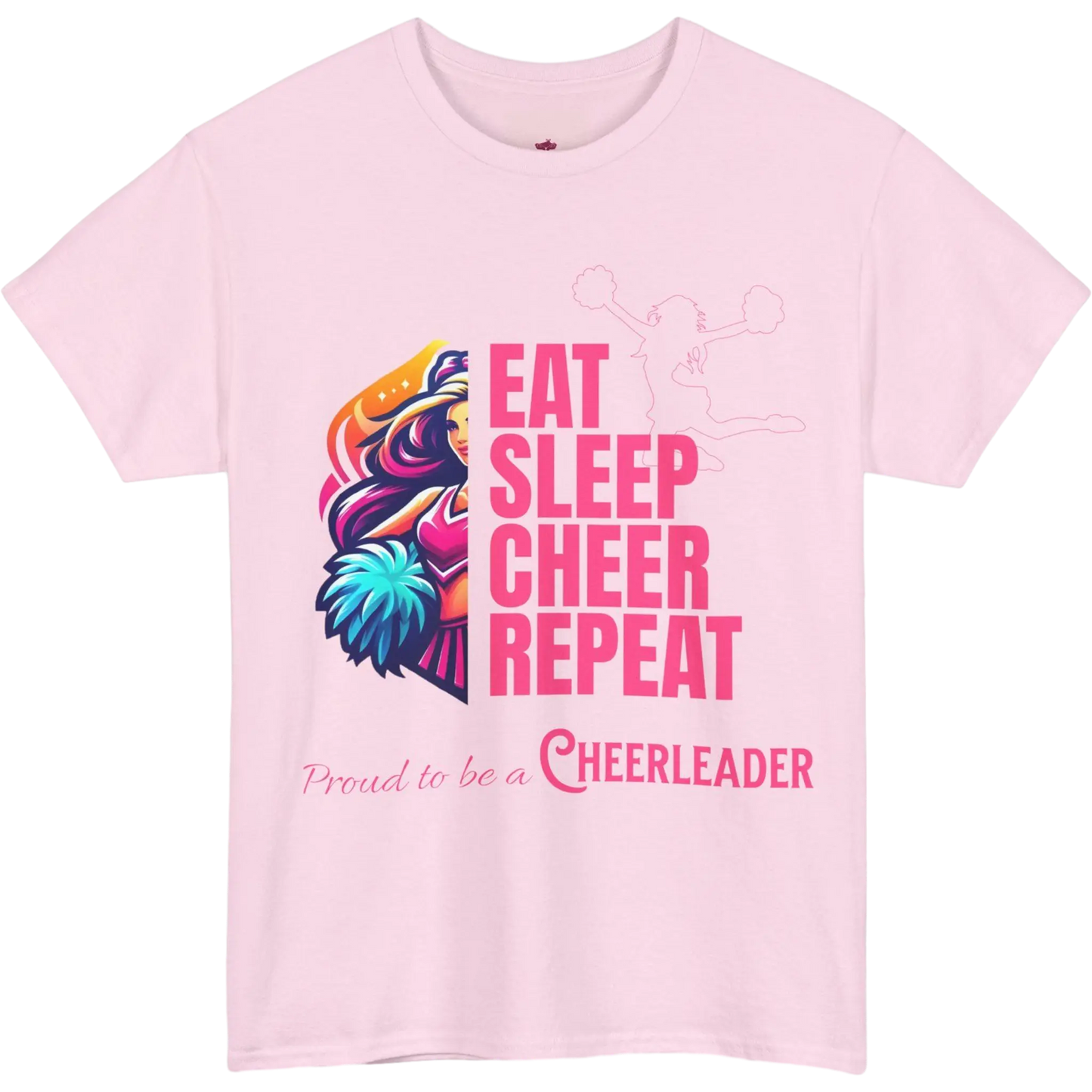 Pink t-shirt with colorful design and text 'Eat Sleep Cheer Repeat Proud to be a Cheerleader' on a white background