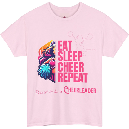 Pink t-shirt with colorful design and text 'Eat Sleep Cheer Repeat Proud to be a Cheerleader' on a white background