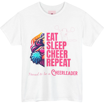 White t-shirt with colorful graphic and text 'Eat Sleep Cheer Repeat Proud to be a Cheerleader' on a white background