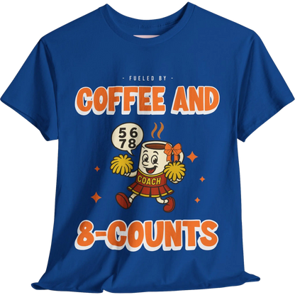 Blue cheerleading t-shirt with a cartoon cheerleader coffee cup character and text on a white background