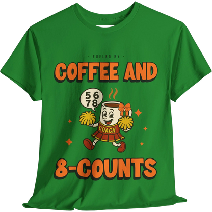 Green cheerleading t-shirt with a cartoon cheerleader coffee cup character and text on a white background