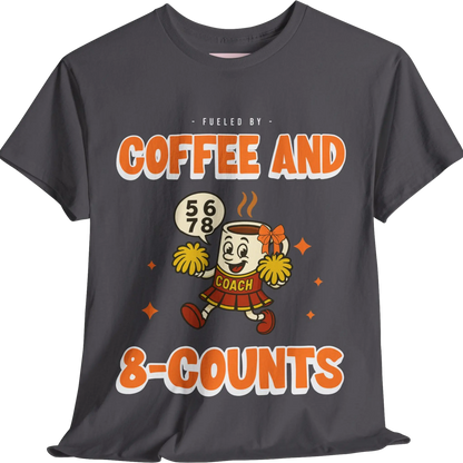Grey cheerleading t-shirt with a cartoon cheerleader coffee cup character and text on a white background
