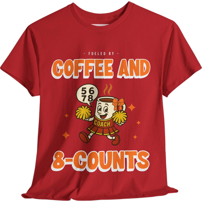 Red cheerleading t-shirt with a cartoon cheerleader coffee cup character and text on a white background