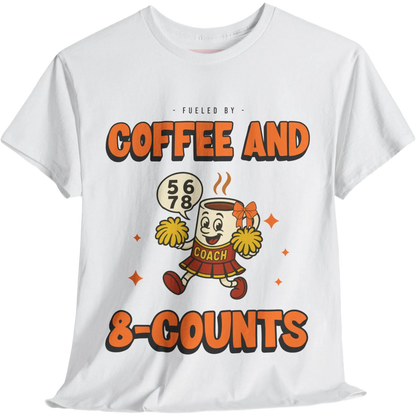 White cheerleading t-shirt with a cartoon cheerleader coffee cup character and text on a white background