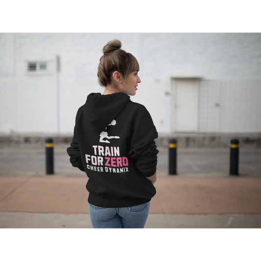 Adult female cheerleader wearing black Train for Zero hoodie viewed from the back