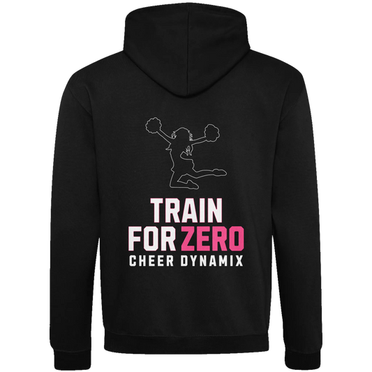 Cheerleading Varsity Hoodie viewed from the back with Train for Zero text and cheerleader