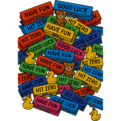Colourful toy clothes pegs with text and small toys on a white background