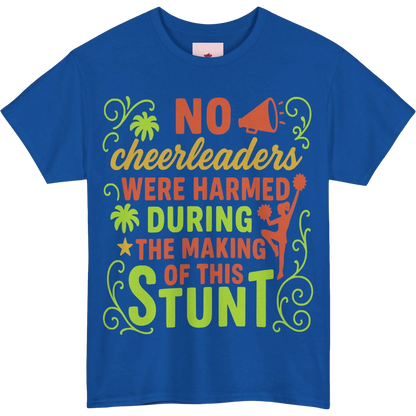 Blue t-shirt with colourful cheerleading themed text and graphics on a white background