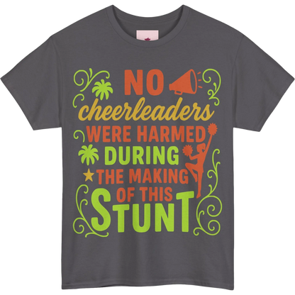 Grey t-shirt with colourful cheerleading themed text and graphics on a white background
