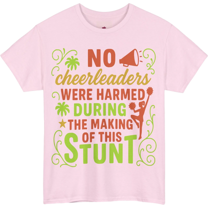 Pink t-shirt with colourful cheerleading themed text and graphics on a white background