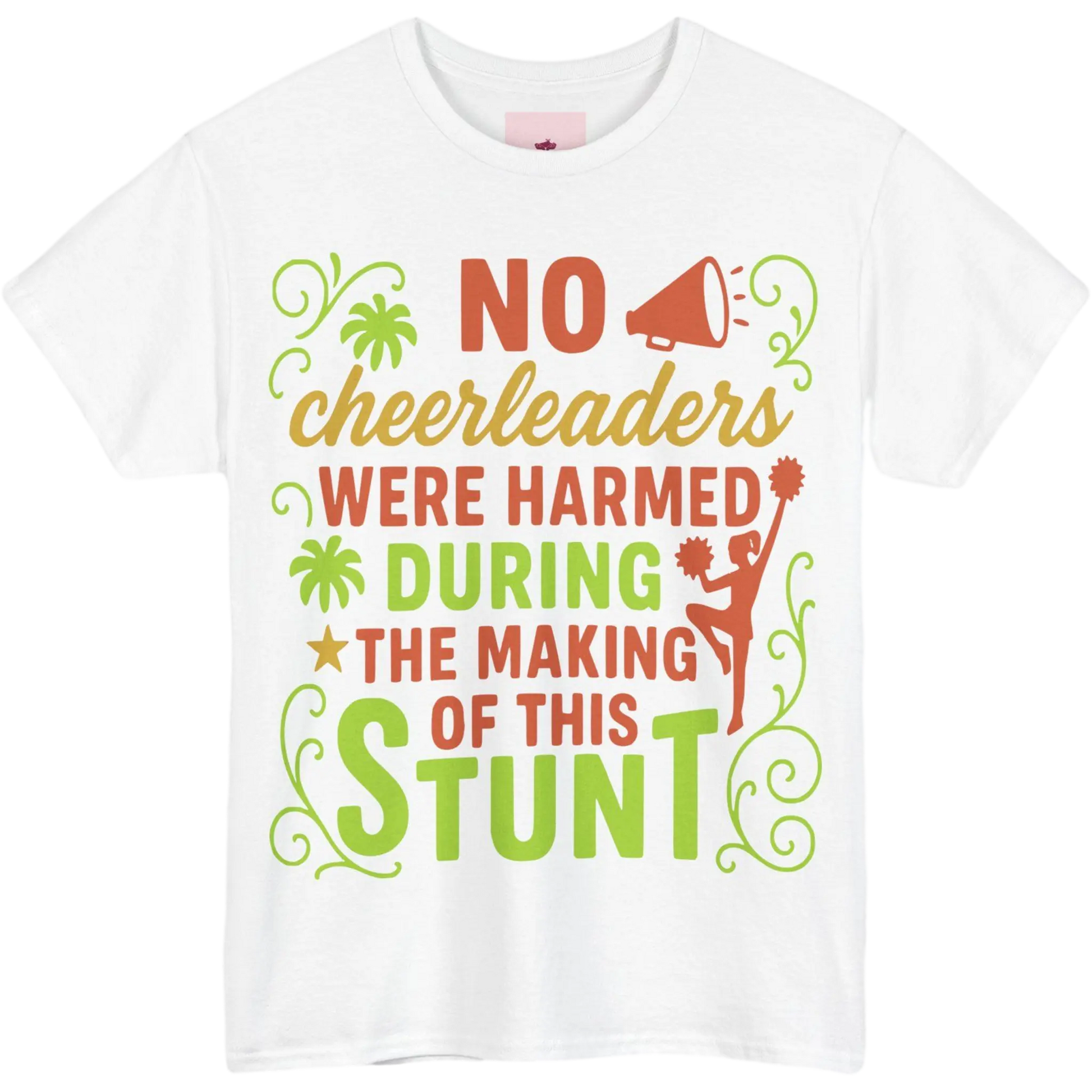 White t-shirt with colourful cheerleading themed text and graphics on a white background