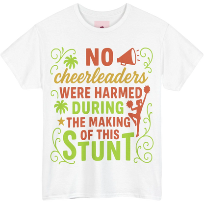 White t-shirt with colourful cheerleading themed text and graphics on a white background