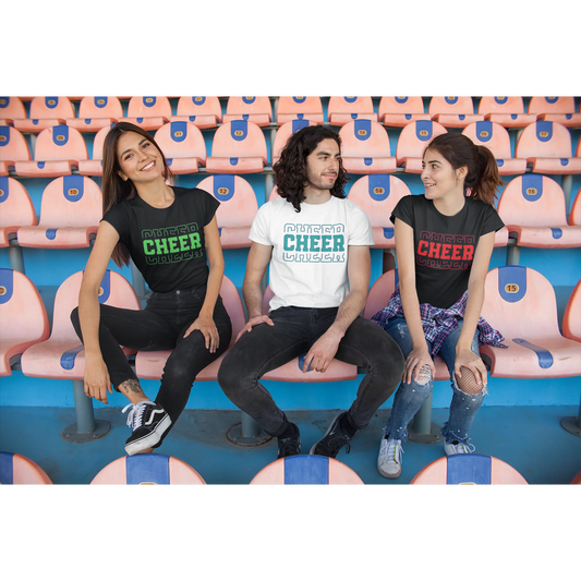 Three people sitting on bleachers wearing 'CHEER' t-shirts.