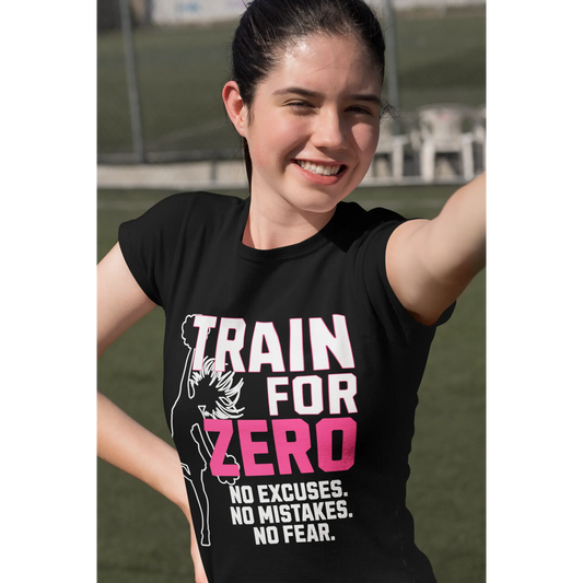 Cheerleader wearing a black t-shirt with 'Train for Zero' text outdoors.