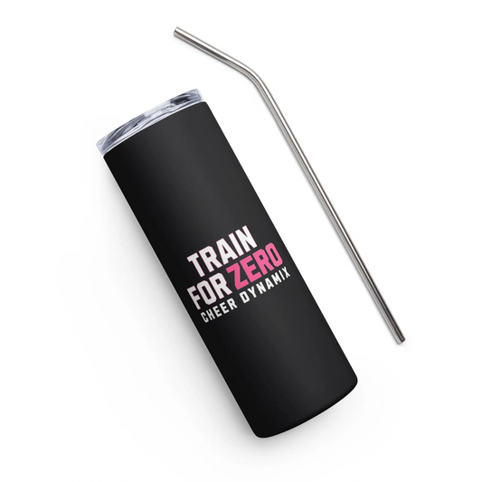 Black tumbler with 'Train For Zero Cheer Dynamix' text and a metal straw on a white background