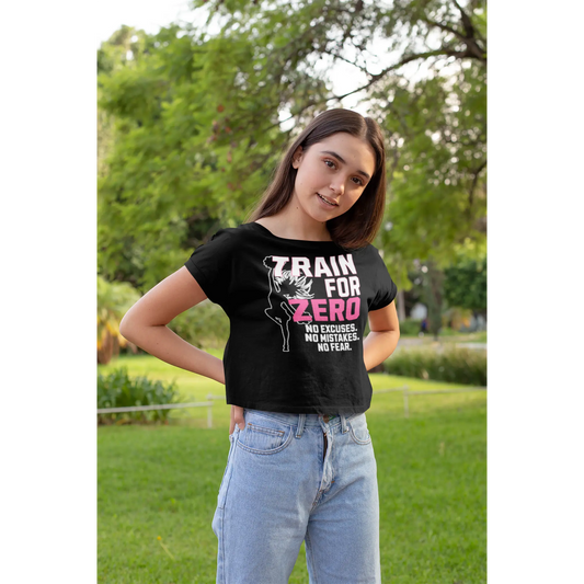 Cheerleader wearing a black crop top with 'Train for Zero' text in an outdoor setting